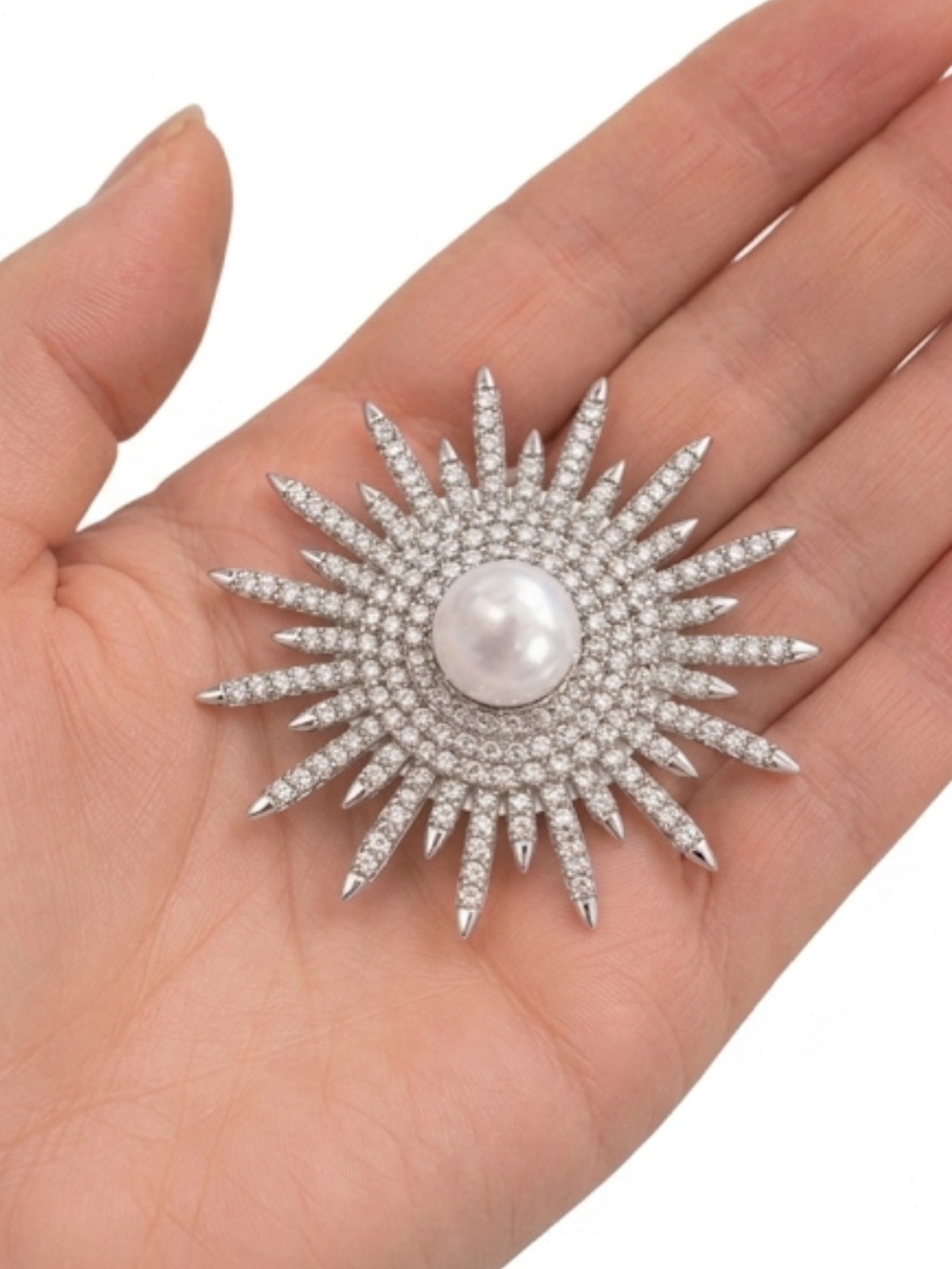 NWT Silver Sunburst Pearl Rhinestone Brooch - Celestial Starburst Pin - Picture 5 of 5